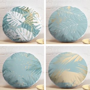 Set of 4 Wide Tropic Leaf Round Pillow Covers - Soft Decor , Modern 4 Cushion Cover Sets - Circle Pillows + Insert  ( 17"|19"|21"|27" )