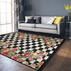 Sketchy Rose Area RugCheckers RunnerGarden Non Slip CarpetChecky Chessboard Floor ArtMachine Washable CarpetBlack Fringed Mat image 5