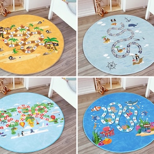 RealHomes Hopscotch Round Rug|Pirate Floor Carpet|Sea Non Slip Circle Rugs|Octopus Anti Slip Mat|Nursery Area Rugs|Blue Rug For Kid's Room