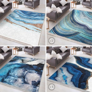 Marble Pattern Area Rug|Blue Navy Rug|Gold Non Slip Carpet|Wavy  Rug|White Machine Washable Carpet|Glammy Fringed Runner|Wedding Gift Mat