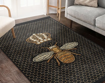 Honeycomb Area Rug|Black Bee Runner|Crown Non Slip Carpet|Hexagon Floor Art|Yellow Machine Washable Carpet|Gold Fringed Mat
