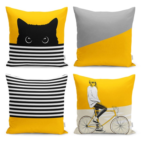 Set of 4 Cat Girl Fashion Throw Pillow Covers - Yellow Bicycle Black Striped 4 Cushion Cover Sets - 17x 17 - 19x19 - 21x21 - 27x27 inch