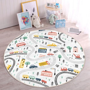 Road Nursery Rug|Car Playmat for Kids Room|Truck Toddler Round Carpet|City Map Non Slip Activity Rug|Traffic Playroom Rug|Daycare Mat