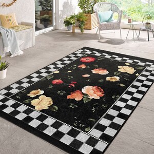 Floral Area Rugblack Checkboard Runnerchecky Non Slip Carpetrose Floor ...
