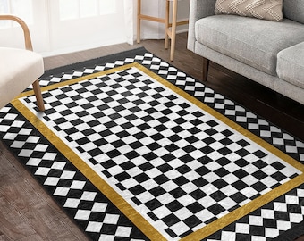 Alfombra de área de azulejos/Corredor con marco de oro negro/Alfombra antideslizante a cuadros/Arte de piso de cuadros/Alfombra blanca lavable a máquina/Estera con flecos de diamantes