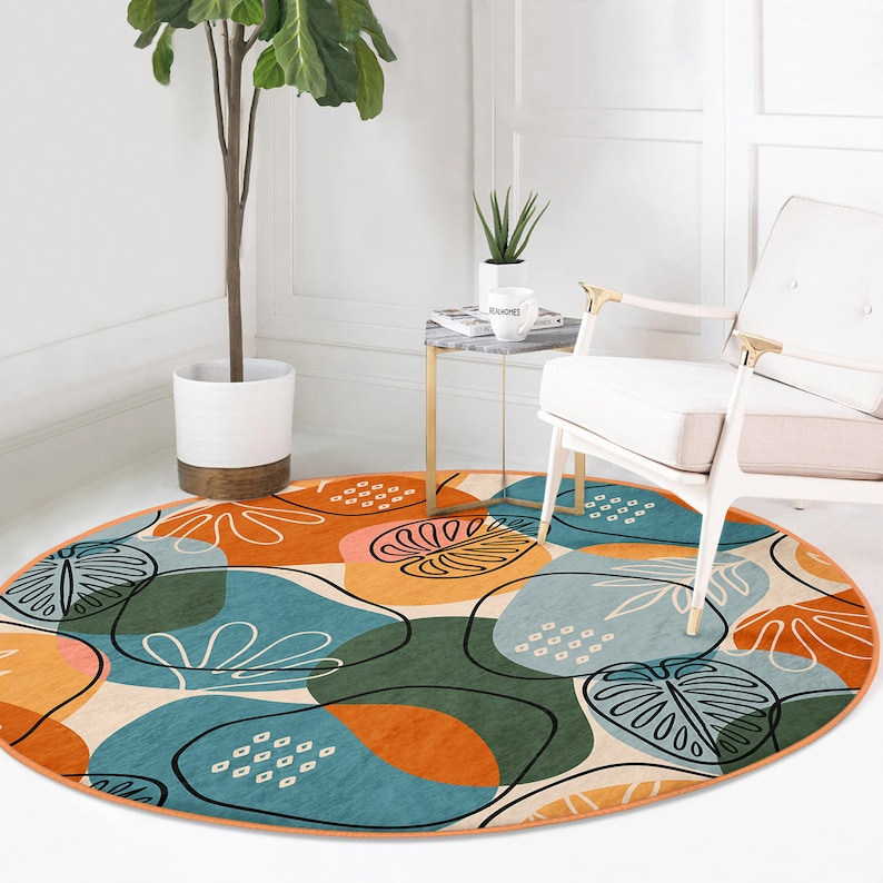 RealHomes Boho Round RugColorful Floor CarpetAbstract Non Slip Circle RugPlant Anti Slip MatGeometric Area RugsPink Rug For Living Room zdjęcie 7