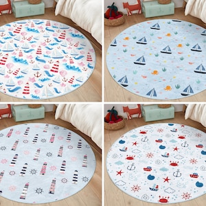 RealHomes Sailor Round Rug|Boat Floor Carpet|Wheel Non Slip Circle Rugs|Baby Anti Slip Mat|Playground Area Rugs|Blue Rug For Kid's Room