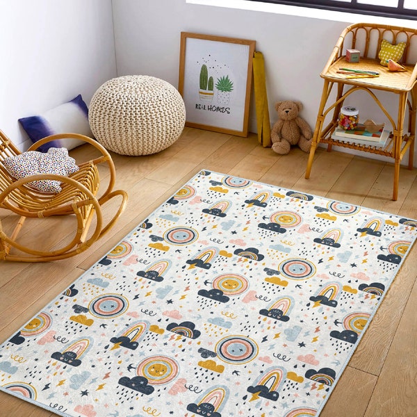 Hygge Interactive Play Rug|Scandinavian Creative Learning Carpet|Abstract Tummy Time Rug|Rainbow Minimalist Playroom|Anti Slip Mat Playpen