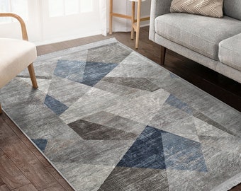 Geometric Area Rug|Contemporary Runner|Transitional Non Slip Carpet|Rhythmic Modern Floor Art|Machine Washable Carpet|Gray Fringed Mat