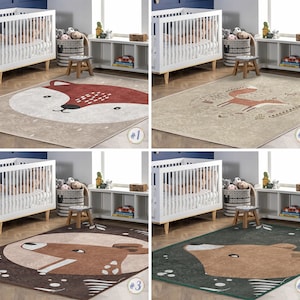 Fox Newborn Rug|Bear Rectangular Toddler Carpet|Gazelle Nursery Rug|Wildlife Woodland Infant mat|Anti Slip Mat for Kid's Room|Baby Runner