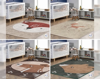 Fuchs Neugeborenen Teppich|Bär Rechteckig Kleinkind Teppich|Gazelle Kinderteppich|Wildtiere Woodland Säuglingsmatte|Anti-Rutsch-Matte für Kinderzimmer|Babyteppich