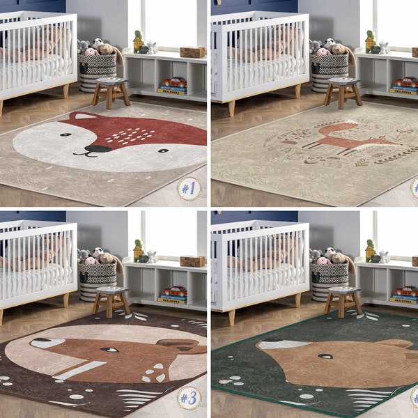 Fuchs Neugeborenen Teppich|Bär Rechteckig Kleinkind Teppich|Gazelle Kinderteppich|Wildtiere Woodland Säuglingsmatte|Anti-Rutsch-Matte für Kinderzimmer|Babyteppich