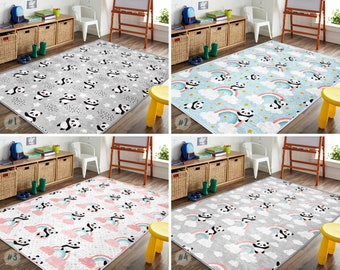 Panda Activity Rug|Rainbow Rectangular Toddler Carpet|Cloud Nursery Runner|Polka Dot Bear Playmat|Anti Slip Mat for Kid's Room