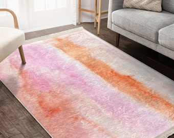 Overgangsgebied tapijt|Roze kleurverloop tapijt|Marmeren antislip tapijt|Abstract tapijt|Oranje machinewasbaar tapijt|Canvas omzoomde loper