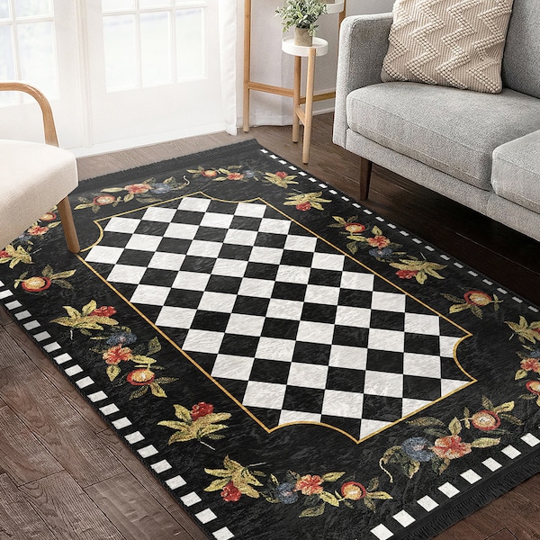 Embrodiered Pattern Area Rug|Black Diamond Runner|Gold Border Non Slip Carpet|Floral Floor Art|White Machine Washable |Checkers Fringed