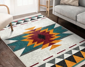 Alfombra de área navajo/corredor primitivo/alfombra tribal antideslizante/arte de piso popular nativo/alfombra lavable a máquina/alfombra con flecos beige