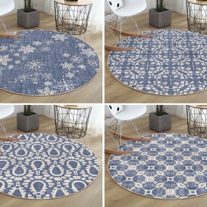 Oriental Round Rug|Winter Floor Carpet|Moraccan Non Slip Circle Rugs|Snowflake Anti Slip Mat|Geometric Area Rugs|Blue Rug For Living Room