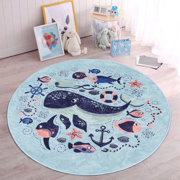 Sea World Nursery Rug|Whale Playmat for Kids Room|Marine Toddler Round Carpet|Hook Non Slip Activity Rug|Creatures Playroom Rug|Daycare Mat