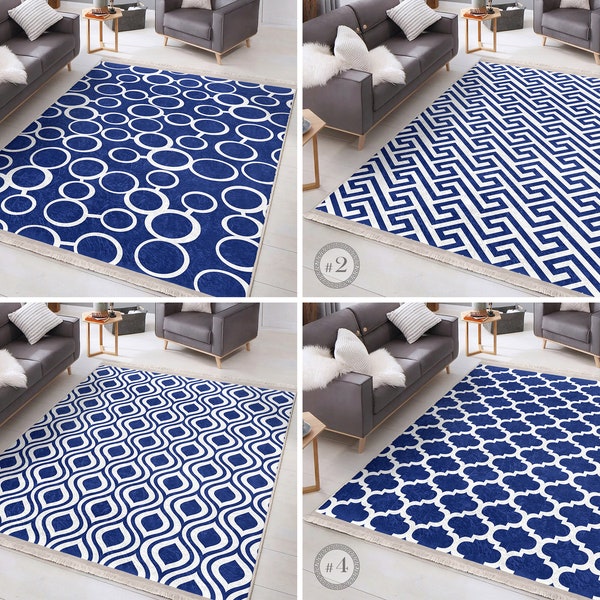 Quatrefoil Design Area Rug|Blue Ikat Decor Rug|Gometric Non Slip Carpet|Oriental Rug|White Machine Washable Carpet|Navy Fringed Runner