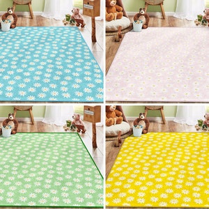 Daisy Activity Rug|Bloom Rectangular Toddler Carpet|Spring Nursery Rug|Floral Flower Playmat|Anti Slip Mat for Kid's Room