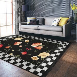 Floral Area Rugblack Checkboard Runnerchecky Non Slip Carpetrose Floor ...