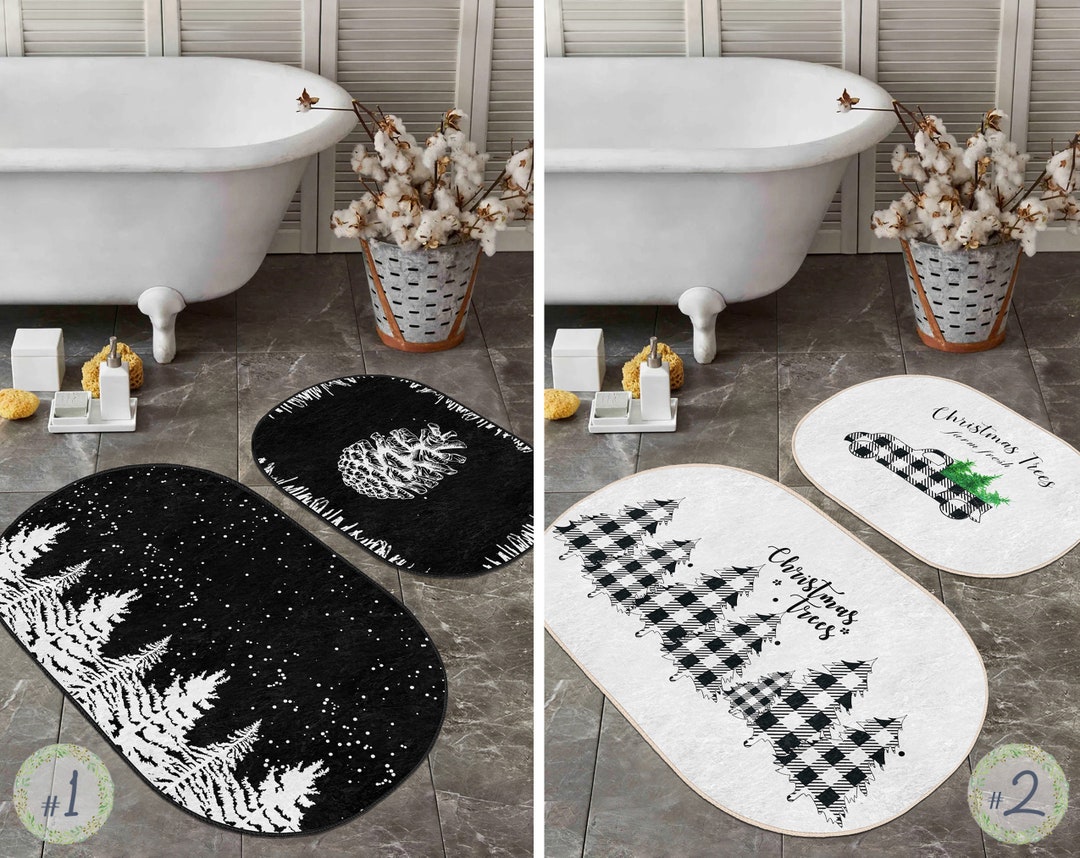 Farmhouse Bath Rug Setplaid Anti Slip Floor Matpine Tree Black Non Slip