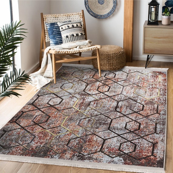 Geometrischer Teppich Grauer bunter Teppich Übergefärbter AntiRutsch Teppich  Ungewöhnlicher Bodenmatte Beige Teppich für Wohnzimmer Rostiger Läufer -  .de