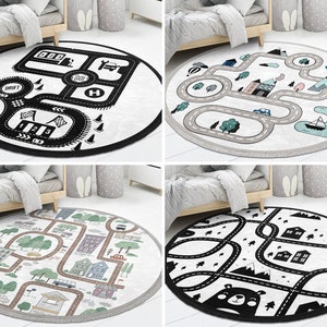 RealHomes City Round Rug|Road Circle Rug With Tassels|Car Floor Carpet With Fringe|Boy Kid Mat|Black Playground Toddler Rug for Nursery Room