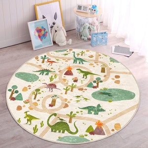 Dino Nursery Rug|Jurassic Playmat for Kids Room|Trex Toddler Round Carpet|Volcano Non Slip Activity Rug|Dinosaur Playroom Rug|Daycare Mat