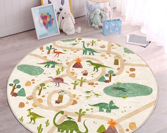 Dino Nursery Rug|Jurassic Playmat for Kids Room|Trex Toddler Round Carpet|Volcano Non Slip Activity Rug|Dinosaur Playroom Rug|Daycare Mat