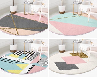 RealHomes Geometric Round Rug|Striped Floor Carpet|Triangle Non Slip Circle Rug|Gold Anti Slip Mat|Luxury Area Rugs|Pink Rug For Living Room