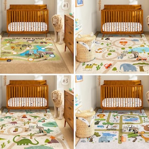 Safari Children Area Rug|Dino Square Toddler Carpet|T-Rex Nursery Baby Rug|Road Jurassic Animal Playmat|Non Slip Mat for Kid's Room