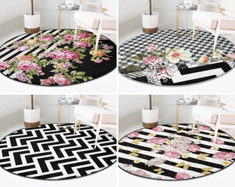 RealHomes Zigzag Round Rug|Striped Floor Carpet|Flower Non Slip Circle Rug|Daisy Anti Slip Mat|Butterfly Area Rugs|Black Rug For Living Room
