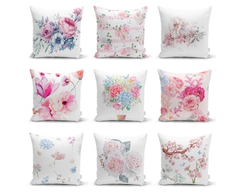 Boho Floral Throw Pillow Covers / Hyrdangea Decor Cushion Cover / White Rose Pillowcase / Pink Watercolor Gift Ideas Pillow Top / Decoración del hogar