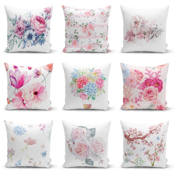 Boho Floral Throw Pillow Covers|Hyrdangea Decor Cushion Cover|White Rose Pillowcase|Pink Watercolor Gift Ideas Pillow Top|Home Decoration