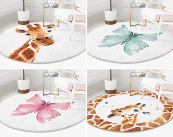 Giraffe Round Rug|Butterfly Floor Carpet|Watercolor Non Slip Circle Rug|Solid Anti Slip Mat|Animal Print Area Rugs|Brown Rug For Living Room