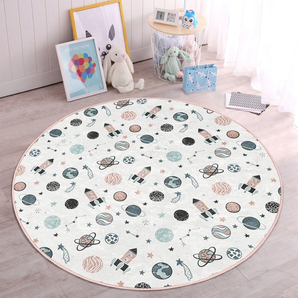 Tapis de pépinière du monde| Tapis de jeu Rocket pour la chambre des enfants| Terre Toddler Tapis rond| Tapis d’activité antidérapante des planètes| Tapis de salle de jeux Apollo| Tapis de garderie rose