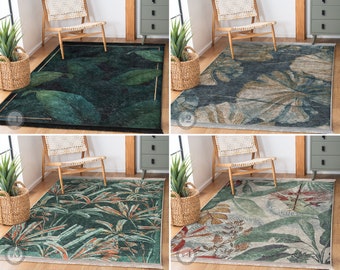 Floral 6x9 Area Rug - Green Exotic 4x6 Carpet - Wild Anti Slip Rug - Palm Leaf Floor Mat - Black Rug For Living Room - Forest Runner