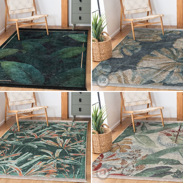 Floral 6x9 Area Rug - Green Exotic 4x6 Carpet - Wild Anti Slip Rug - Palm Leaf Floor Mat - Black Rug For Living Room - Forest Runner