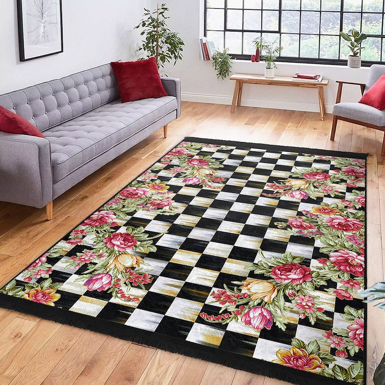 Sketchy Rose Area RugCheckers RunnerGarden Non Slip CarpetChecky Chessboard Floor ArtMachine Washable CarpetBlack Fringed Mat image 3