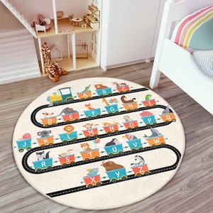 Tapis rond RealHomes Letters Tapis de sol Alphabet Train Tapis antidérapants Tapis antidérapant pour animaux Tapis pour tout-petits Tapis Beige pour chambre denfant 2