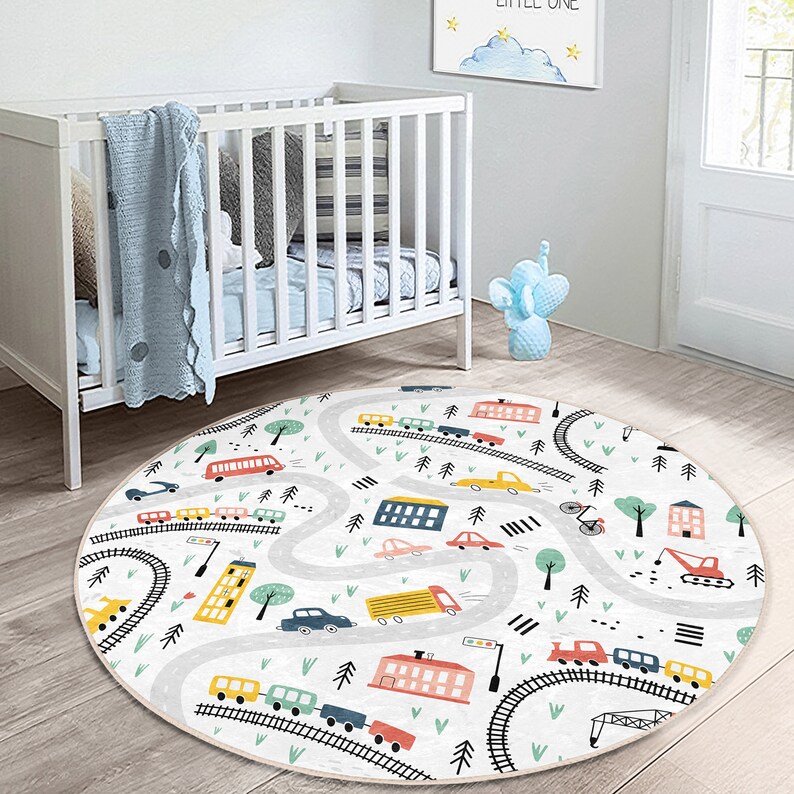 Road Nursery Rugcar Playmat for Kids Roomtruck Toddler Round Etsy Canada