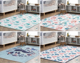 Whale Activity Area Rug|Seaworld Rectangular Toddler Carpet|Octopus Nursery Runner|Mermaid Dolphin Playmat|Anti Slip Mat for Kid's Room