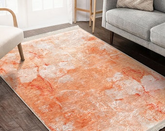 Canvas gebiedsdeken|Oranje abstract tapijt|Marmeren antisliptapijt|Licht terracotta tapijt|Grijs machinewasbaar tapijt|Zachte zalm omzoomde loper