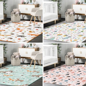 Forest Activity Rug|Wild-lifeDesign Trendy Carpet|Fox Nursery Rug|Animal Bear Playmat|Non Slip Mat for Kid's Room