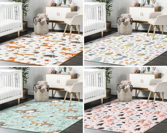 Forest Activity Rug|Wild-lifeDesign Trendy Carpet|Fox Nursery Rug|Animal Bear Playmat|Non Slip Mat for Kid's Room