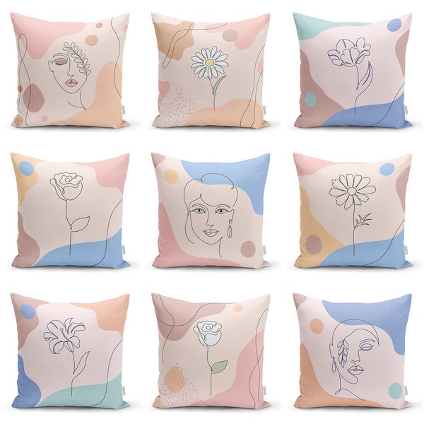 Daisy Onedraw Throw Pillow Covers|Tulip Decor Cushion Cover|Puce Portreit Pillowcase|Blue Flower Wedding Gift Pillow Shams