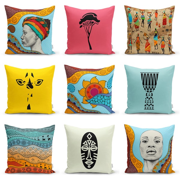 Safari African Woman Throw Pillow Covers|Ethnic Decor Cushion Cover|Yellow Rustic Pillowcase|Red Drum Housewarming Gift Pillow Shams