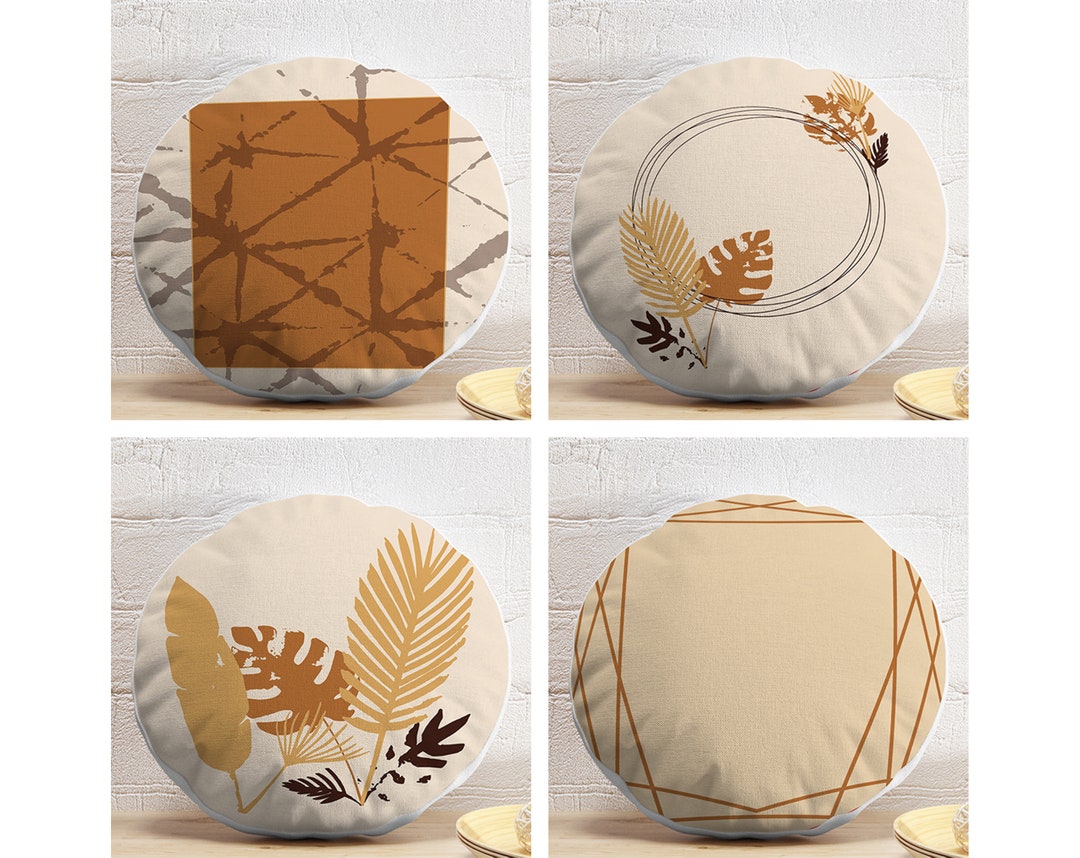 Set of 4 Pastel Draw Circle Pillow Cover Fall Leaf Round Pillowcase