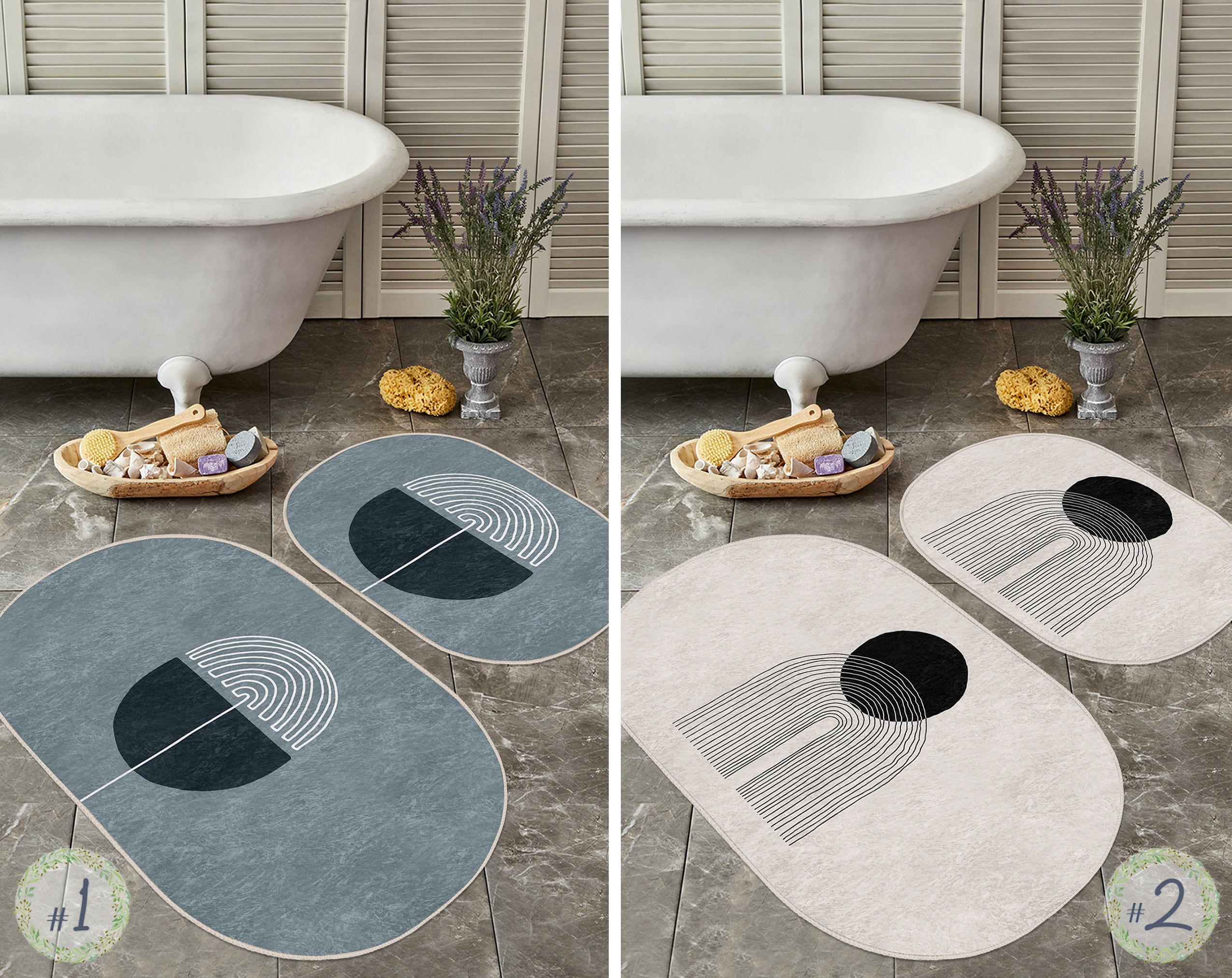 mDesign Striped Microfiber Non-Slip Bathroom Mat Rug for Vanity Bathtub Shower Dorm Room Set of 3 Gray Yellow